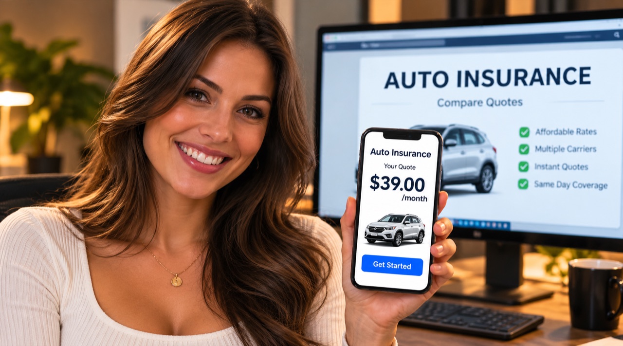 Smiling woman holding a phone showing an auto insurance quote, with a compare quotes page on a computer screen behind her